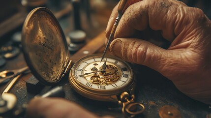 A watchmaker is using a tool to work on a clock mechanism.