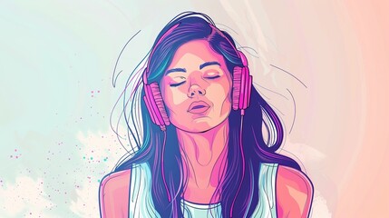 Stylish pretty woman wearing headphones listening to music in happy relaxed state.