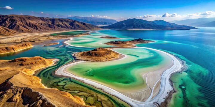 Incredible aerial perspective of Lac Assal, the lowest point in Djibouti, encircled by dramatic landscapes that highlight the region's captivating geological formations and scenery.
