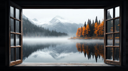 Glacier National Park, majestic snowcapped mountains, tranquil lake reflection, pine forest, seen through a window with mist