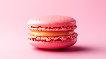 A single pink macaron with yellow filling on a pink background.