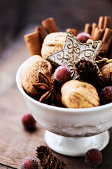Christmas decoration on rustic wooden background. Close up.