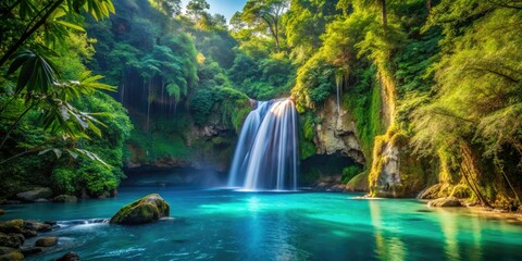 Fototapeta premium Kawasan Falls in the Philippines boasts breathtaking waterfalls embraced by vibrant greenery and shimmering, crystal-clear waters, creating an idyllic tropical paradise for visitors to enjoy.
