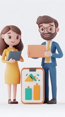 Fototapeta premium 3D cartoon, two people talking with coffee mugs and laptops in their hands