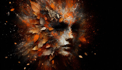 An autumnal face made of scattered leaves, giving the impression of nature and transformation, with warm oranges and browns contrasting against a dark background