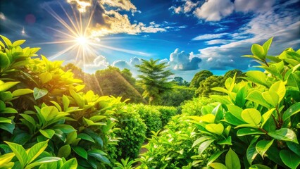 Lush greenery flourishes beneath the bright sun, enveloped in nature's warmth, creating a vibrant atmosphere that celebrates the joys of a summer day.