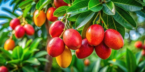 Obraz premium Lush green foliage cradles Hippomane mancinella fruits, which hang delicately from a tropical tree, their bright allure contrasting with the verdant paradise surrounding them.