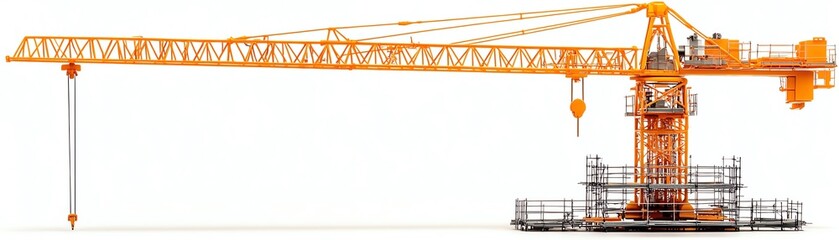 Construction crane building a small structure, scaffolding visible isolate white background