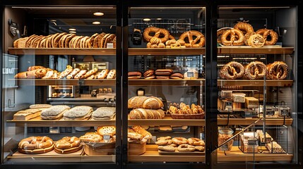 A display cabinet in the kitchen showing several types of goods featuring pretzels 