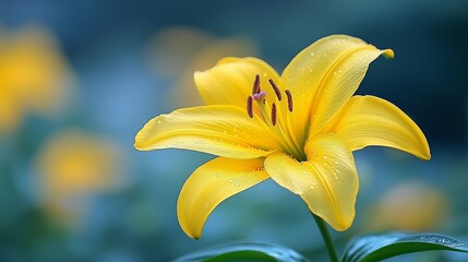 Obraz premium A single yellow lily with dew drops on its petals, bathed in soft, blue light, standing tall against a blurred background.
