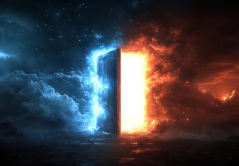 Heaven paradise and fiery hell gates choice. Door to heaven and hell. Good and evil, light and darkness.	