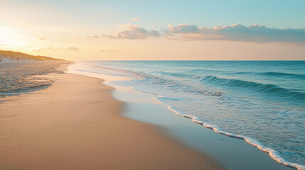 Fototapeta premium Deserted beach at dawn with smooth sand calm ocean and pastel sky