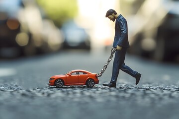 Businessman Struggling with Car on Chain