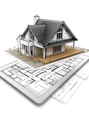 Digital rendering of a modern house design displayed on a tablet, accompanied by blueprints and architectural drawings. 