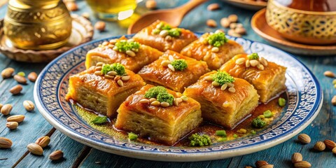 Savor the rich flavors of Turkish baklava, filled with honey and nuts, artfully arranged on a decorative plate, perfect for an authentic dessert indulgence.