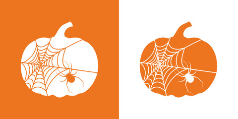 Logo con con tela de ara&ntilde;a y ara&ntilde;a en silueta de calabaza para tarjetas y felicitaciones de Halloween