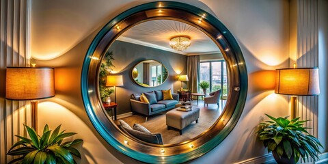 Sleek modern convex mirror elevates interior design, beautifully amplifying light and space while creating a stylish focal point in any room's ambiance.