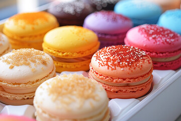 Macarons colored, dessert french pastry with cream, close up white background isolate.