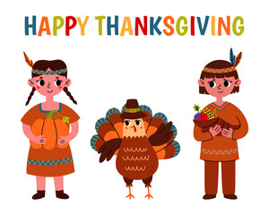 Happy Thanksgiving. Set cute indian people with harvest and turkey. Vector cartoon illustration for print.
