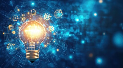 An energetic light bulb surrounded by gears and glowing circuits, set against a sleek blue background, symbolizing innovation.