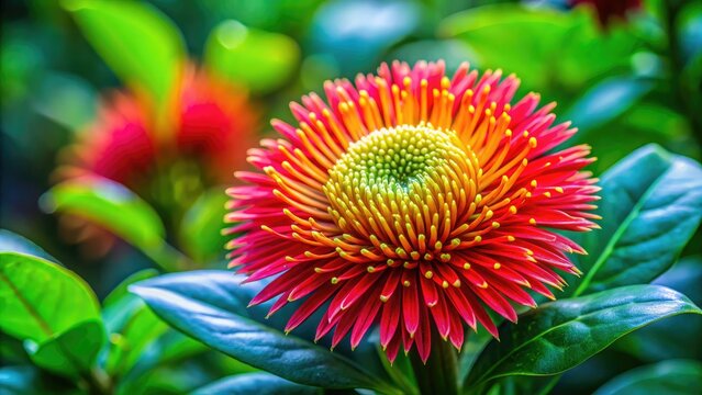 The izote flower bursts with vibrant hues, surrounded by lush green leaves, creating a stunning contrast against a softly focused, nature-inspired background that draws the eye.