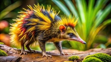Obraz premium The Streaked Tenrec, showcasing its unique fur patterns, thrives in its natural habitat, embodying the essence of the diverse environment surrounding it.