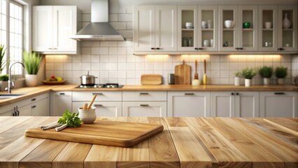 Fototapeta premium The end grain wood countertop stands out with a cutting board on it, surrounded by a beautifully blurred