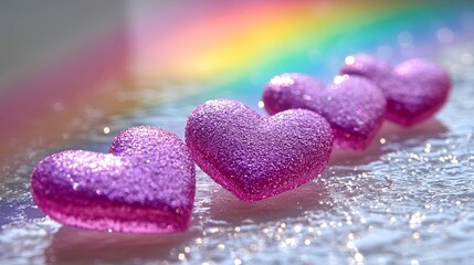 Obraz premium Sparkling pink glitter hearts arranged in a row on a shimmering white surface with a blurred rainbow background.