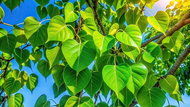 The vibrant green leaves of the Peepal tree, Ficus Religiosa, beautifully contrast with a pristine blue sky, enhancing the tranquility of the surrounding natural landscape.