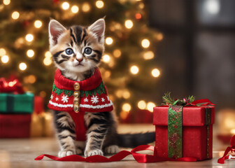 A kitten sits dressed up next to gift boxes with a Christmas tree in the background.