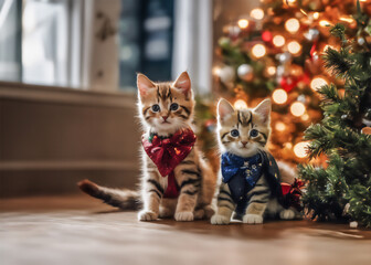 Kittens in front of a Christmas tree