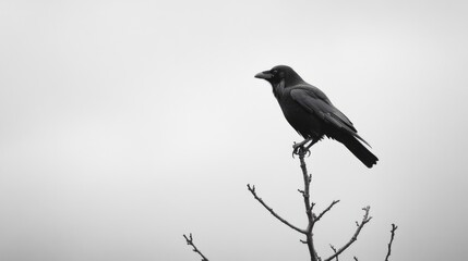 Raven perched on a bare branch against a cloudy sky