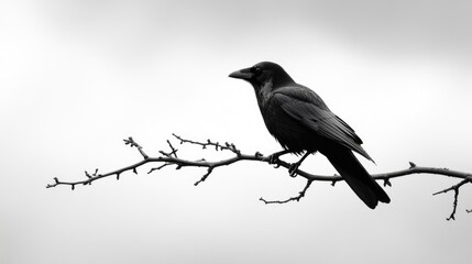 Raven perched on a bare branch against a cloudy sky