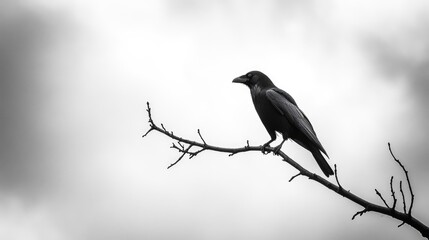 Raven perched on a barren branch against a moody sky