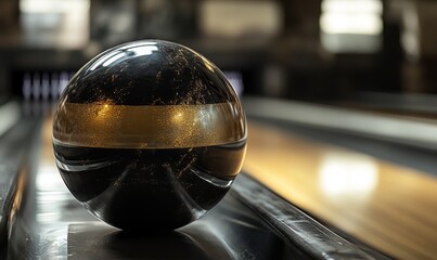 Fototapeta premium Black and gold bowling ball on lane.