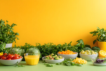 Fresh & Vibrant: A Colorful Spread of Healthy Vegetables and Smoothies