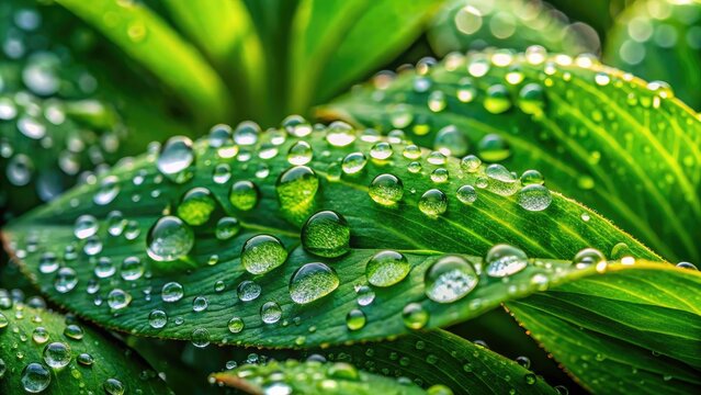 Vibrant green thurst plant leaves adorned with sparkling dew droplets create a stunning focal point against a softly blurred background of nature's rich textures and colors.