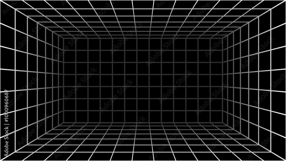 Poster abstract wireframe with white grid line on black background.futuristic perspective grid box.