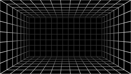Naklejka premium Abstract wireframe with white grid line on black background.Futuristic perspective grid box. 