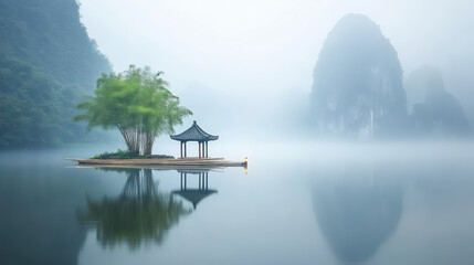 A serene, misty lake with a small pavilion and trees, surrounded by distant hills covered in fog, creating a peaceful and tranquil atmosphere.