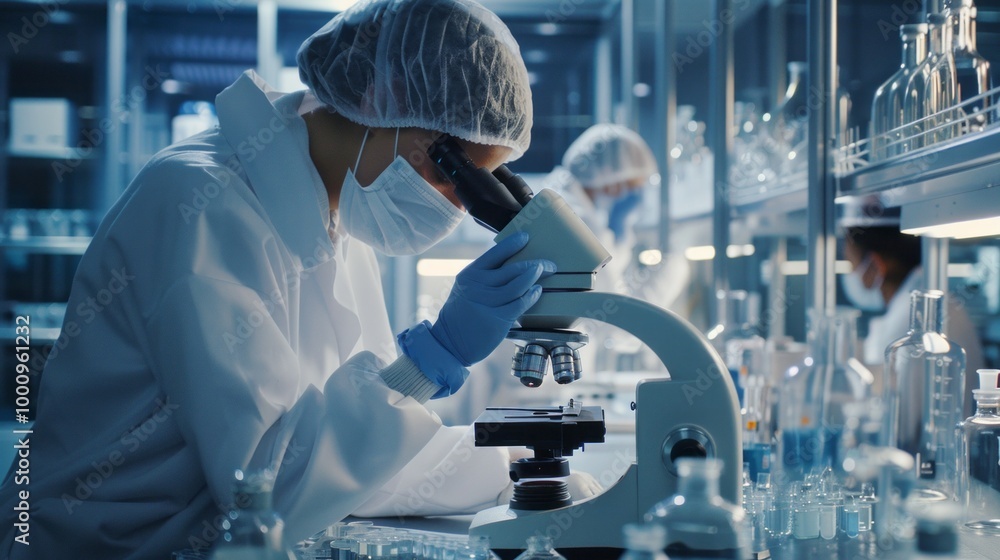 Poster A scientist is looking through a microscope at a sample