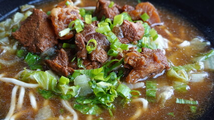 Dish Displays Delicious Close View Brown Color Beef Noodles Soup