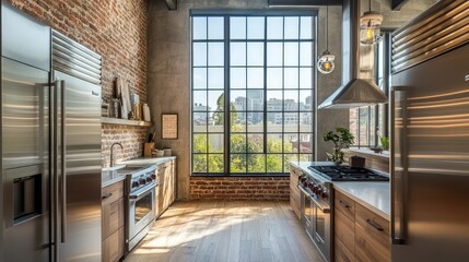 A sleek urban loft kitchen, featuring exposed brick walls, stainless steel appliances, and industrial pendant lighting, with large windows overlooking the city