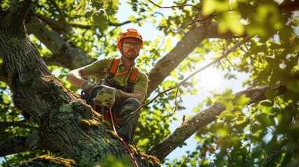 A man in an orange helmet is cutting a tree
