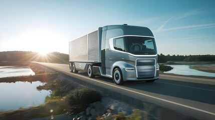 Obraz premium A futuristic truck on the road, an autonomous truck with artificial intelligence. Cargo delivery, transportation of the future. Artificial intelligence. Self-driving.