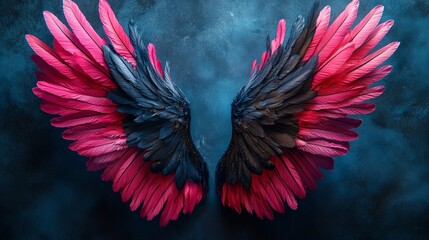 Obraz premium Black and pink wings spread against a blue background, a dramatic contrast of color and symbolism.