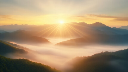 Fototapeta premium A breathtaking sunrise illuminates mist-covered valleys and mountain peaks, creating a serene and ethereal landscape bathed in golden light.