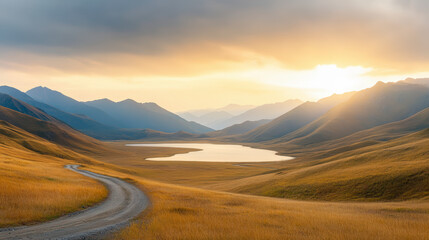 A serene mountain landscape at sunrise, featuring a winding dirt road, a peaceful lake, and rolling golden hills under a dramatic sky.