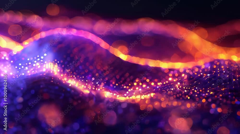 Poster abstract glowing digital wave with purple and orange lights, creating a futuristic and dynamic visua