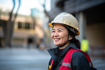 Middle aged Chinese woman at outdoors with worker cap